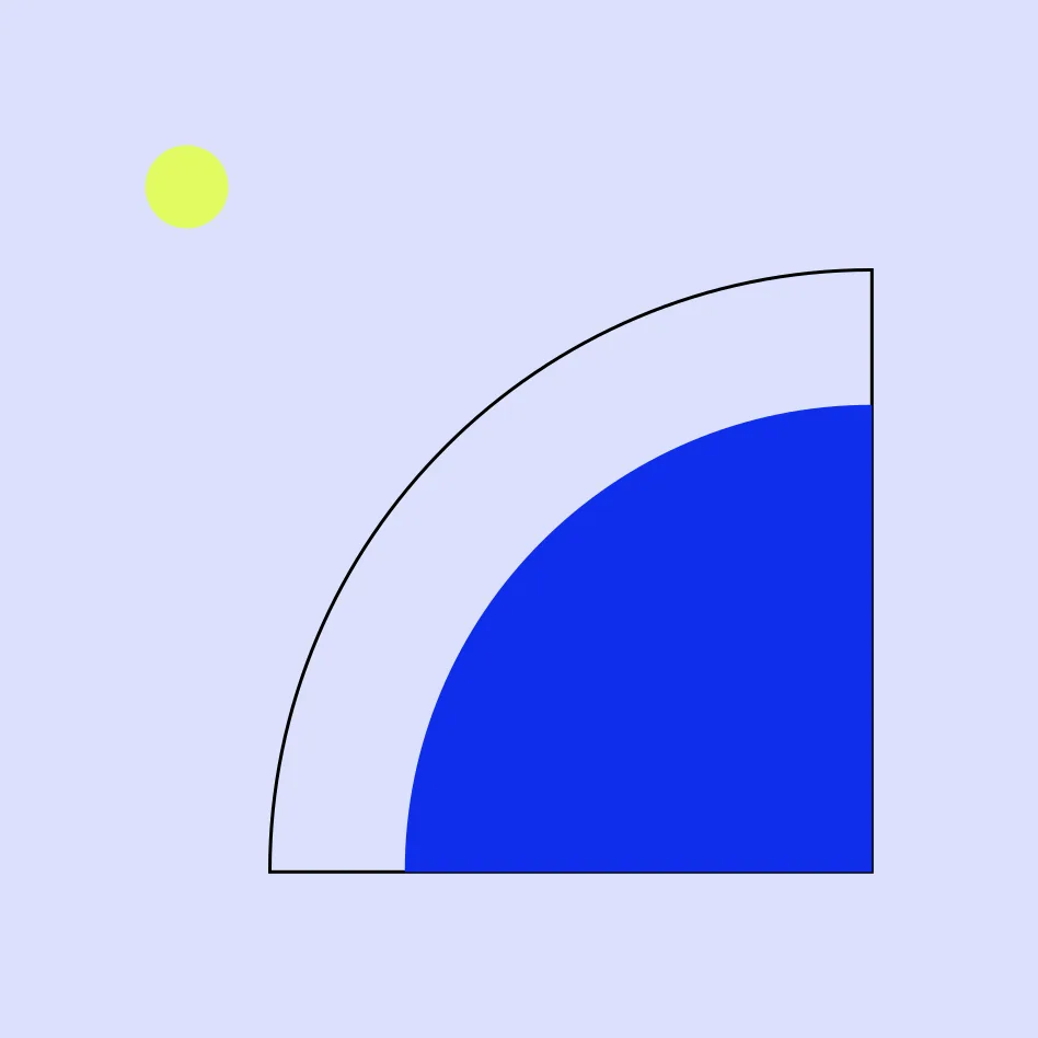 Abstract graphic: a blue quarter-circle inside a thin outline arc, with a small lime dot, on a periwinkle field.