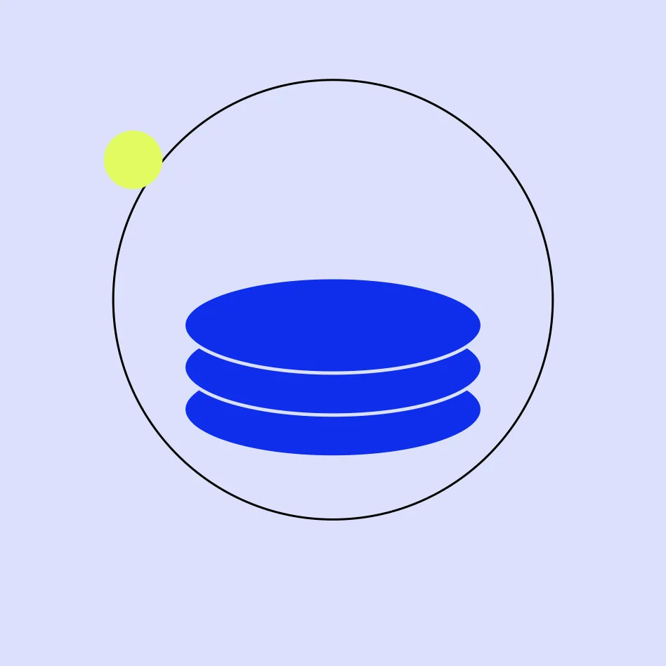 Abstract graphic: a stack of blue discs inside a thin black circle outline, with a lime dot, on a periwinkle field.