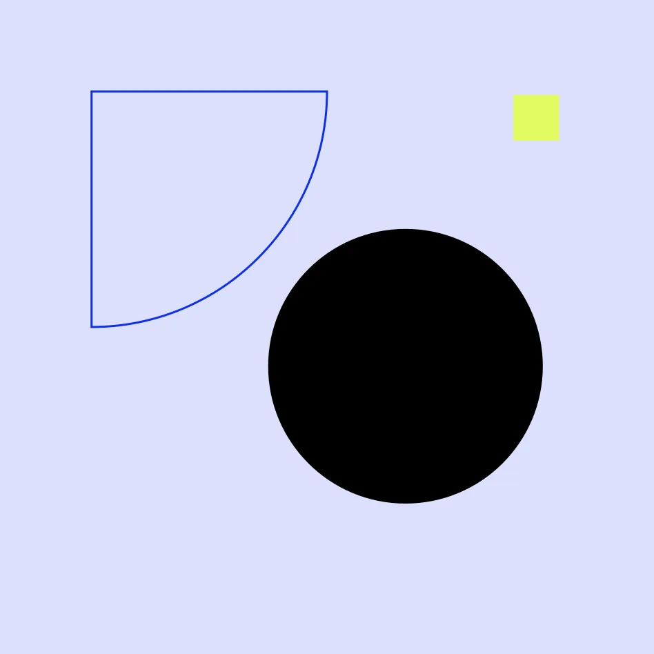 Abstract graphic: a black circle beside an outlined blue quarter-circle, with a small lime square, on a periwinkle field.